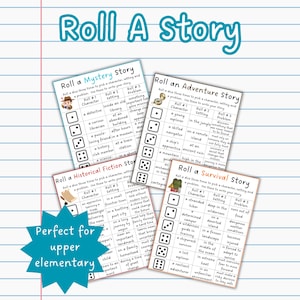 Pode incluir: Quatro cartões de prompt de história intitulados "Roll A Story" com prompts para uma história de mistério, aventura, ficção histórica e sobrevivência. Cada cartão tem um gráfico de explosão estelar que diz "Perfect for upper elementary".
