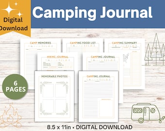 Diario de camping, diario de aventuras, diario de viaje en autocaravana, diario de viaje, planificador de camping, diario imprimible, diario de viaje para niños, libro de camping
