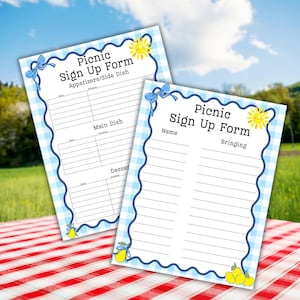 Op de afbeelding: Twee rechthoekige papieren aanmeldformulieren voor een picknick met een lichtblauwe en witte gingham-rand. De formulieren hebben een donkerblauwe golvende rand, een gele zonillustratie en blauwe linten. Tekst: Picnic Sign Up Form, Name, Bringing.