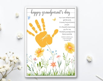 May include: A white rectangular print featuring the text Happy Grandparent's Day at the top, a large yellow handprint in the center, a poem about grandparents, and a colorful watercolor illustration of wildflowers, grass, and butterflies.