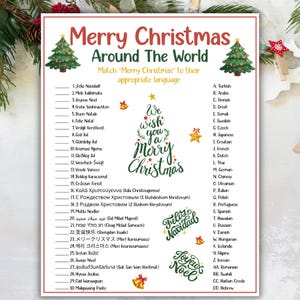 May include: A festive white poster titled "Merry Christmas Around The World", featuring Christmas greetings in various languages. The design includes Christmas trees, bells, and the phrases "We wish you a Merry Christmas", "Feliz Navidad", and "Joyeux Noël".