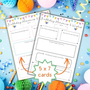 May include: Two 5x7 inch birthday memory and wishes cards. Each card has space for memories, wishes, and a place to write the name of the birthday star. The cards are decorated with balloons and a banner.