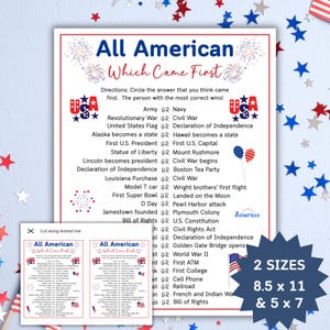 Puede incluir: Una hoja de juego patriótica titulada "All American Which Came First" con un borde rojo y blanco. La hoja incluye una lista de eventos históricos y dos opciones de tamaño: 8,5 x 11 pulgadas y 5 x 7 pulgadas.