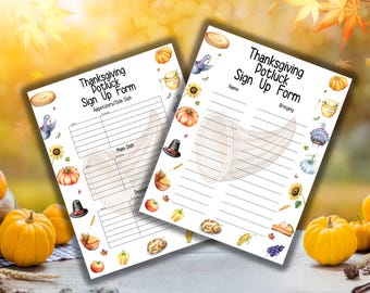 Könnte beinhalten: Zwei druckbare Anmeldeformulare für ein Thanksgiving-Potluck mit Herbstthema. Das erste Formular hat ein Truthahnflügel-Design und das zweite Formular ein Füllhorn-Design. Beide Formulare bieten Platz für Namen, das, was sie mitbringen, und eine Liste der Gerichte.