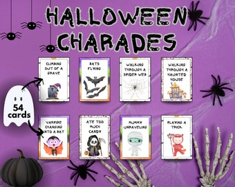 May include: A set of 54 Halloween-themed charades cards with colorful illustrations. The cards feature various Halloween characters and activities, such as a vampire changing into a bat, a mummy unraveling, and a ghost climbing out of a grave.