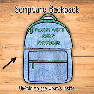Puede incluir: Una mochila de papel azul y verde con el texto "Scripture Backpack" en la parte superior. La mochila está abierta, revelando las palabras "Packed with God's Promises". La parte inferior de la mochila tiene el texto "Unfold to see what's inside".