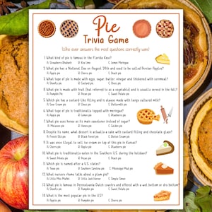 Puede incluir: Un papel blanco con un juego de preguntas sobre tartas. El juego incluye preguntas sobre diferentes tipos de tartas, como manzana, cereza y calabaza. El juego está diseñado para poner a prueba los conocimientos sobre las tartas.