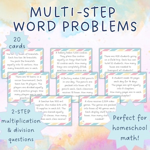 Può includere: Un set di 20 schede di problemi di parole a più passaggi per la pratica della matematica. Le schede presentano domande di moltiplicazione e divisione, perfette per la matematica a casa. Ogni scheda ha un problema diverso.