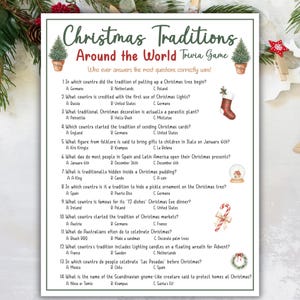 Pu&ograve; includere: Un foglio di gioco a quiz intitolato 'Tradizioni natalizie in tutto il mondo'. Contiene 14 domande a scelta multipla sulle usanze natalizie. Il foglio &egrave; decorato con illustrazioni festive di alberi di Natale, ornamenti e bastoncini di zucchero.