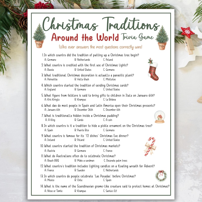 Pu&ograve; includere: Un foglio di gioco a quiz intitolato 'Tradizioni natalizie in tutto il mondo'. Contiene 14 domande a scelta multipla sulle usanze natalizie. Il foglio &egrave; decorato con illustrazioni festive di alberi di Natale, ornamenti e bastoncini di zucchero.