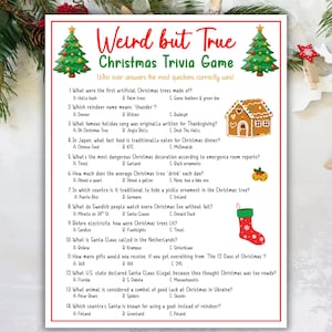 May include: A festive Christmas trivia game sheet with a red and white border, decorated with Christmas tree and gingerbread house illustrations. The game poses multiple-choice questions about Christmas customs and facts.