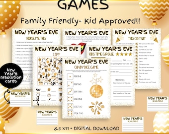 Paquete infantil de Nochevieja 2025: Juegos familiares para la fiesta de Nochevieja al mediodía, Juego de la cápsula del tiempo "¿Esto o aquello?" y Propósitos de Año Nuevo