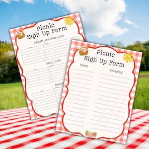 May include: Two printed picnic sign-up forms with a red and white checkered border. The forms feature a yellow sun illustration, a picnic basket graphic, and sections labeled Name and Bringing for organizing food items for a picnic event.