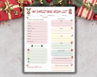 May include: A printable Christmas wish list with sections for a child to list their favorite things, what they want, need, wear, read, learn/create, and things they want to share as a family. The list also includes a section for things they don't want.