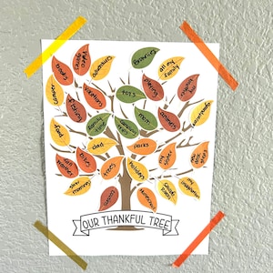 May include: A printable Thanksgiving activity for kids. The image shows a tree with leaves that have words written on them. The words are things to be thankful for, such as family, friends, food, and holidays. The tree is labeled "Our Thankful Tree".
