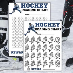 May include: Two white "Hockey Reading Chart" printables with blue text and illustrations of hockey players and pucks. The charts include spaces for a name and rewards. A hockey stick and skates are visible.