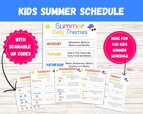 Kids Summer Schedule, Summer Planner, Summer Camp at Home, Summer Weekly Theme, Summer Schedule For Kids, Kids Schedule, Summer Activity
