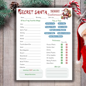 Cuestionario de amigo secreto, encuesta de amigo secreto, cuestionario de amigo secreto de Navidad en el trabajo, formulario de amigo secreto, cosas favoritas para el intercambio de regalos