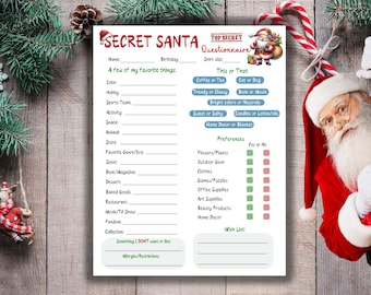 May include: A printable Secret Santa questionnaire with a festive Christmas theme. The questionnaire asks for personal preferences, including favourite colours, hobbies, and a wish list.