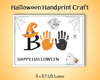May include: Printable Halloween craft for kids.  A white sheet of paper with a black and white spider web, a black bat, a white moon, and a black "BOO" with a witch's hat and two handprints. The handprints are orange and black. The text "HAPPY HALLOWEEN" is below the handprints. The text "11 x 8.5 US Letter" is below the image.