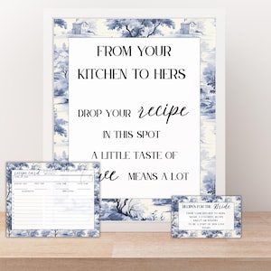 Recipe Cards For Bride Bring A Recipe Card Printable Bridal Shower Sign Dusty Blue Toile De Jouy Bridal Shower Game Toile Recipe Card Bride