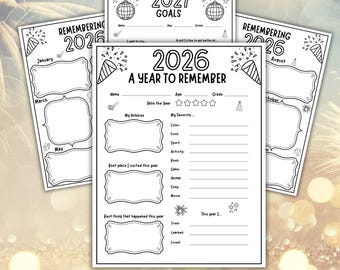 May include: A set of three black and white printable activity sheets for children. The pages feature text including 2026 A Year to Remember, 2027 Goals, and Remembering 2026, with blank spaces for writing, drawing, and rating the year.