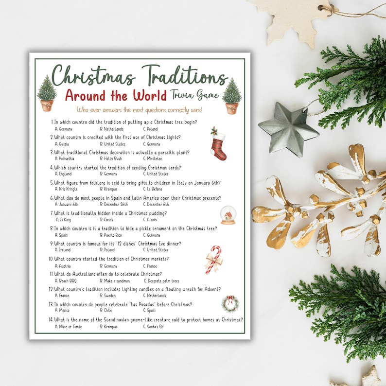 Pu&ograve; includere: Un foglio di gioco a quiz stampato intitolato "Christmas Traditions Around the World". Il gioco presenta domande sulle usanze natalizie, con risposte a scelta multipla. Gli elementi decorativi includono alberi di Natale e illustrazioni festive.