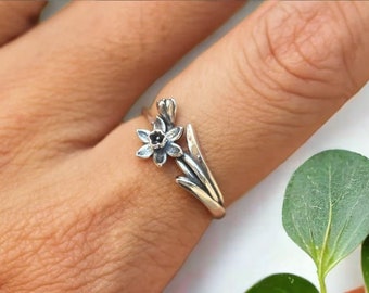 solid 925 silver daffodil flower ring,Birth Flower Ring,Daffodil jewelry,March Birth Flower ring,gifts idea