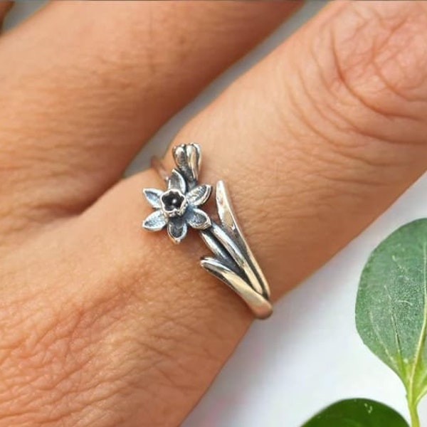 Bague fleur jonquille en argent massif 925, bague fleur de naissance, bijoux jonquille, bague fleur de naissance mars, idée cadeaux