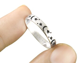 Moon and star ring, crescent moon ring, stars ring, celestial ring, universe ring, moon star eternity band, sterling silver moon ring,
