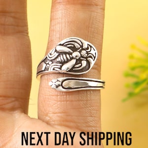Anillo de plata con forma de cuchara y abejorro - Anillo bohemio de plata antigua con insectos de jardín
