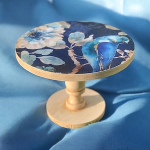 Wooden Cake Stand,Blue Birds and Flowers, Rustic Cake Stand Plate, Cake Table, Pedestal Cake Stand, Cake Display, Home Gift, Service Stand