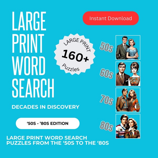 Large Print Word Search Puzzles - 50s through 80s - 160 Printable Puzzles