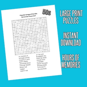 May include: A black and white printable word search puzzle with the title "Popular songs of the 50s Remember these hits?" and the number "50s" in a large font. The puzzle features a grid of letters with the names of popular songs from the 1950s hidden within. Below the puzzle is a list of the song titles.