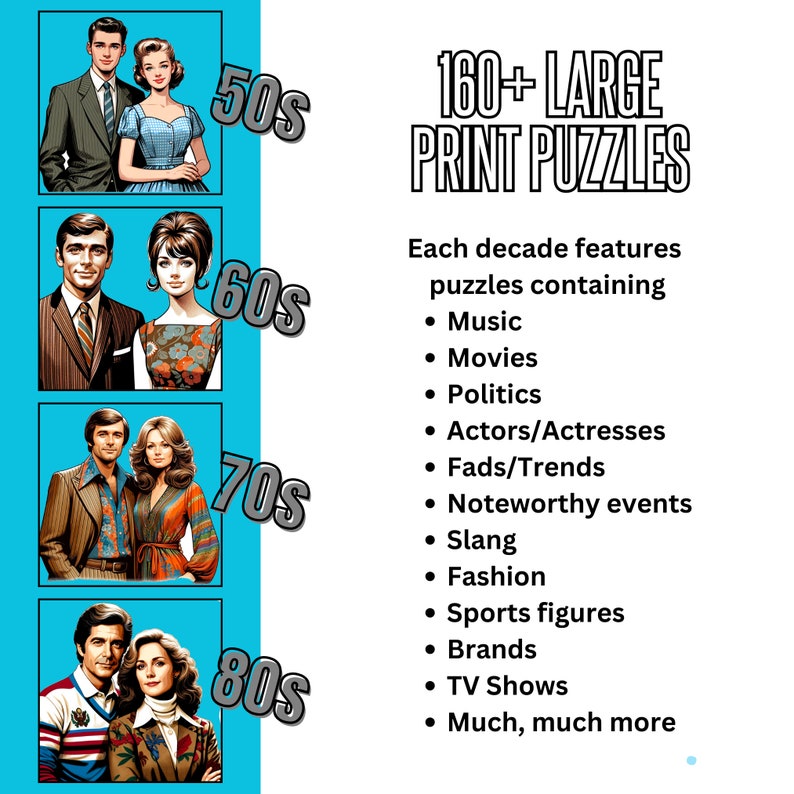 May include: A set of four illustrated images depicting couples from the 1950s, 1960s, 1970s, and 1980s. The text "160+ LARGE PRINT PUZZLES" is at the top of the image. The text "Each decade features puzzles containing" is below the title. A bulleted list of puzzle themes follows: Music, Movies, Politics, Actors/Actresses, Fads/Trends, Noteworthy events, Slang, Fashion, Sports figures, Brands, TV Shows, Much, much more.