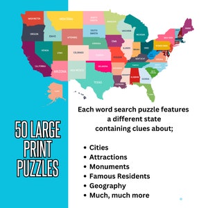 May include: A colorful map of the United States with each state labeled. Text reads "50 LARGE PRINT PUZZLES" and "Each word search puzzle features a different state containing clues about: Cities, Attractions, Monuments, Famous Residents, Geography, Much, much more."