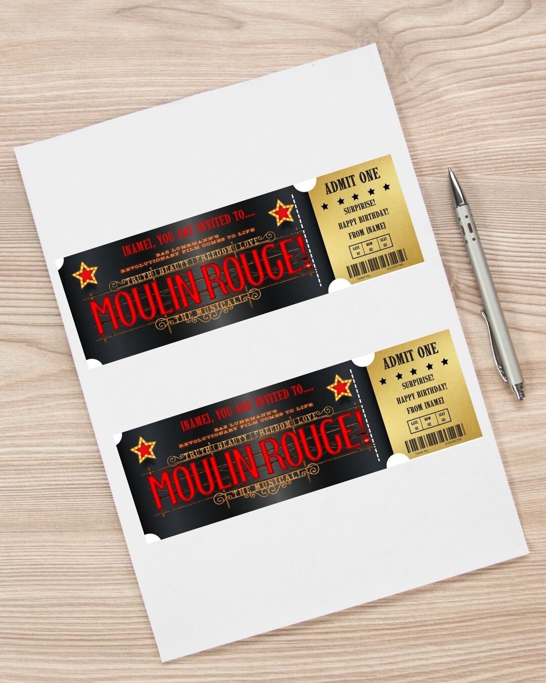 Personalised Moulin Rouge Ticket Printable Broadway Surprise Ticket Personalised Moulin Rouge Ticket Printable Broadway Surprise Ticket