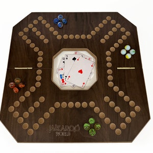Jackaroo Board Game - Strategy, Competitive, Fun 2-4 Player Marbles and Card Game - Wooden Board Foldable and Open in The Middle (Walnut)