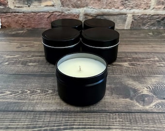 4 oz Bulk Soy Candles, Wedding Favor, Favors For Baby Shower, Gifts For Guests, No Label, Black Candle Tins, Choose Your Scent, Pack of 12