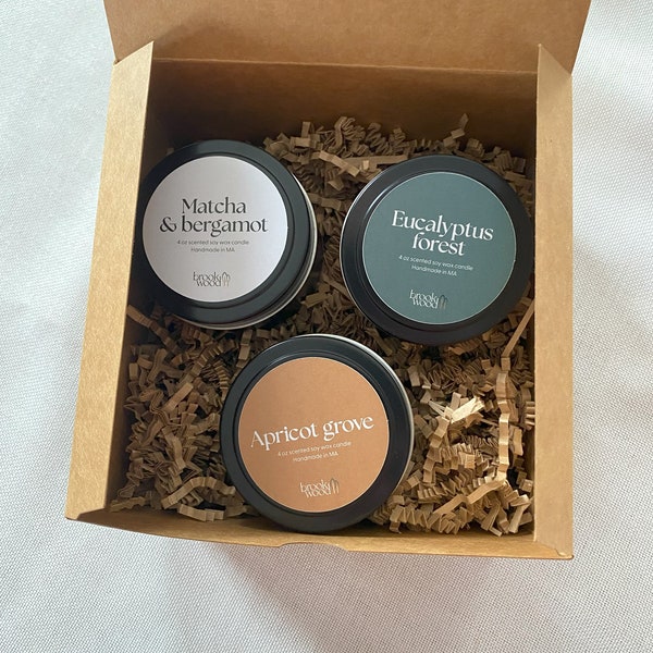 Candle Sampler Gift Set, Apricot, Eucalyptus, Bergamot, Soy Wax 4oz Candles, Handmade Gift Set, Candles Samples, Mother's Day, Teacher Gifts