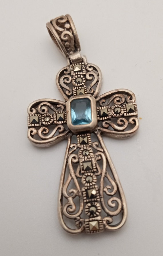 Blue Topaz Filigree Sterling Silver Cross Pendant