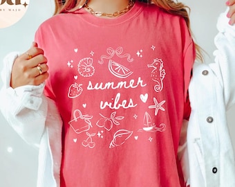 Summer vibes Shirt for Women, Hello Summer T-Shirt, Beach Vibes tee, Cute Vacation Shirt, Comfy Casual Summer Tee distressed beach shirt