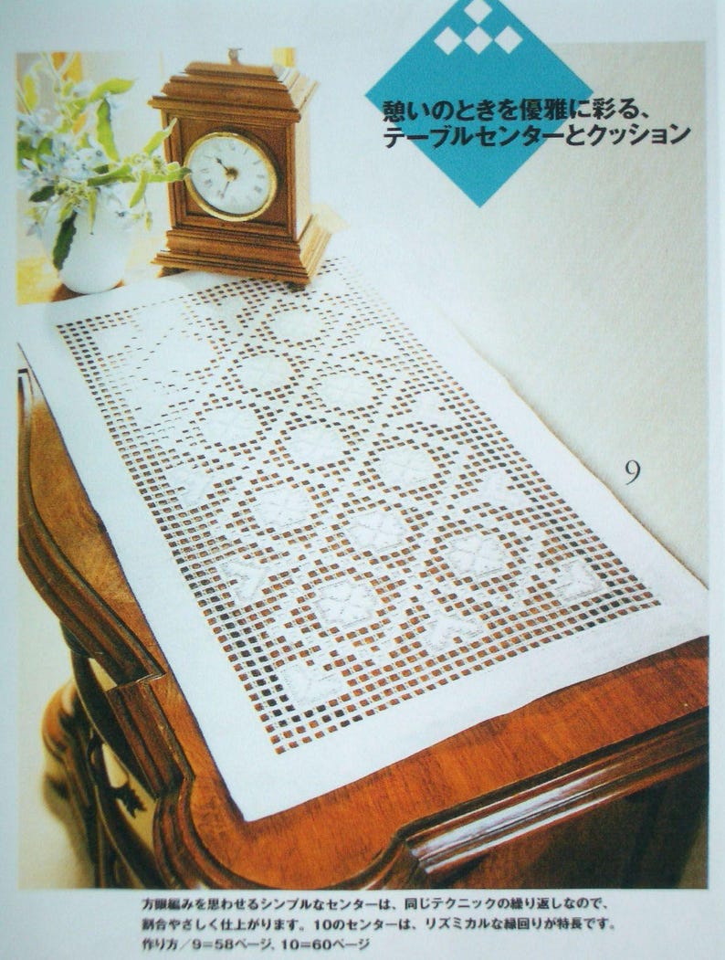 May include: A white rectangular crochet table runner with a repeating geometric grid pattern featuring floral-like motifs. The runner is displayed on a wooden surface next to a wooden clock and a vase of flowers, with Japanese text visible.