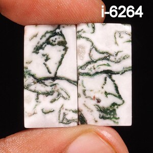May include: Two rectangular gemstones with a white base and intricate green and silver veining patterns. The gemstones are held between fingers, with the text "i-6264" visible in the upper right corner.
