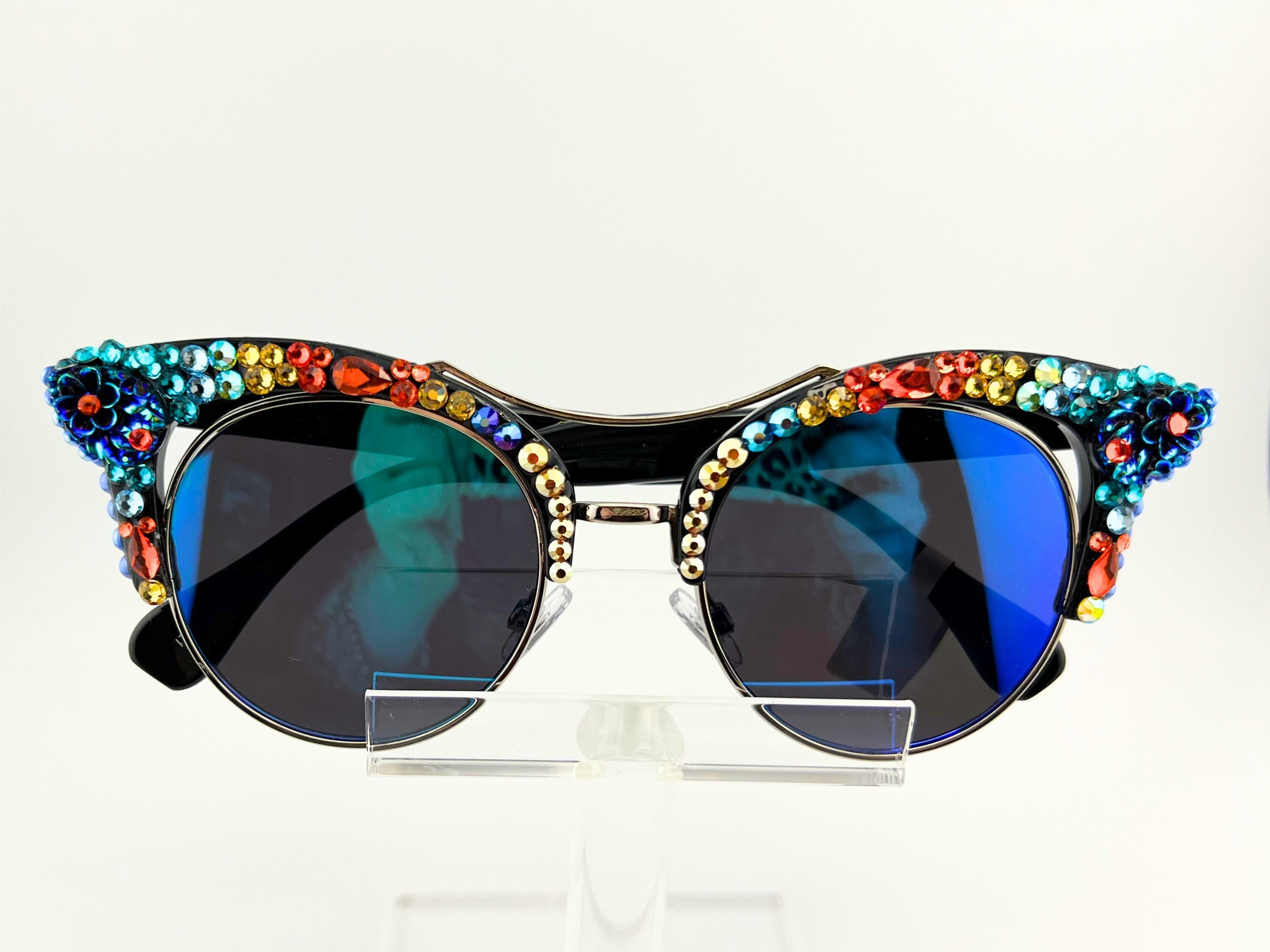 Hand Embellished Rhinestone Cat Eye Sunglasses With Blue  display picture 3