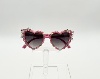 Hand Embellished Rhinestone Pink Heart Shaped Sunglasses | Retro Pink Heart Cat Eye
