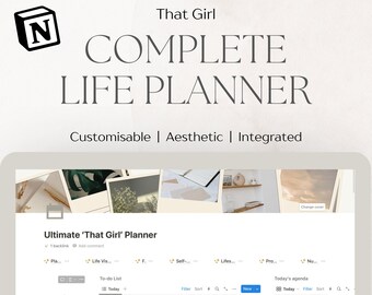 Peut inclure: Une capture d'écran d'un ordinateur montrant une application de planificateur numérique appelée "Ultimate 'That Girl' Planner". L'application a un fond beige clair et comprend une liste de tâches, un calendrier et une galerie. L'application est personnalisable, esthétique et intégrée.