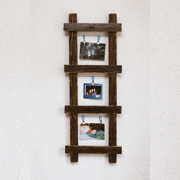 Farmhouse Wall Decor, Distressed Wood Photo Open Frame Rustic Picture Frame for Great Gift, Wooden Ladder Photo Display