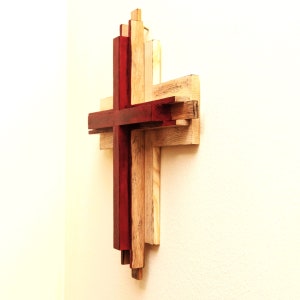 Handcrafted Wooden Cross Crucifix - Christian Oak Cross. Layered Wood Home Decoration