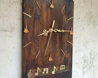 Horloge murale rustique faite main, amateurs de musique uniques, décoration d'art mural en bois, cadeau pour professeur de musique, horloge murale vintage, décoration d'instrument